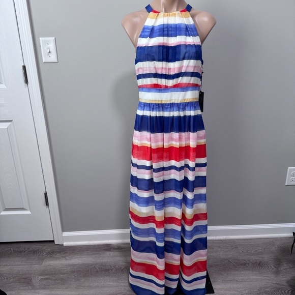 Vince Camuto High Neck Maxi Dress Stripe Blue White Red Pink 6 - Picture 2 of 7